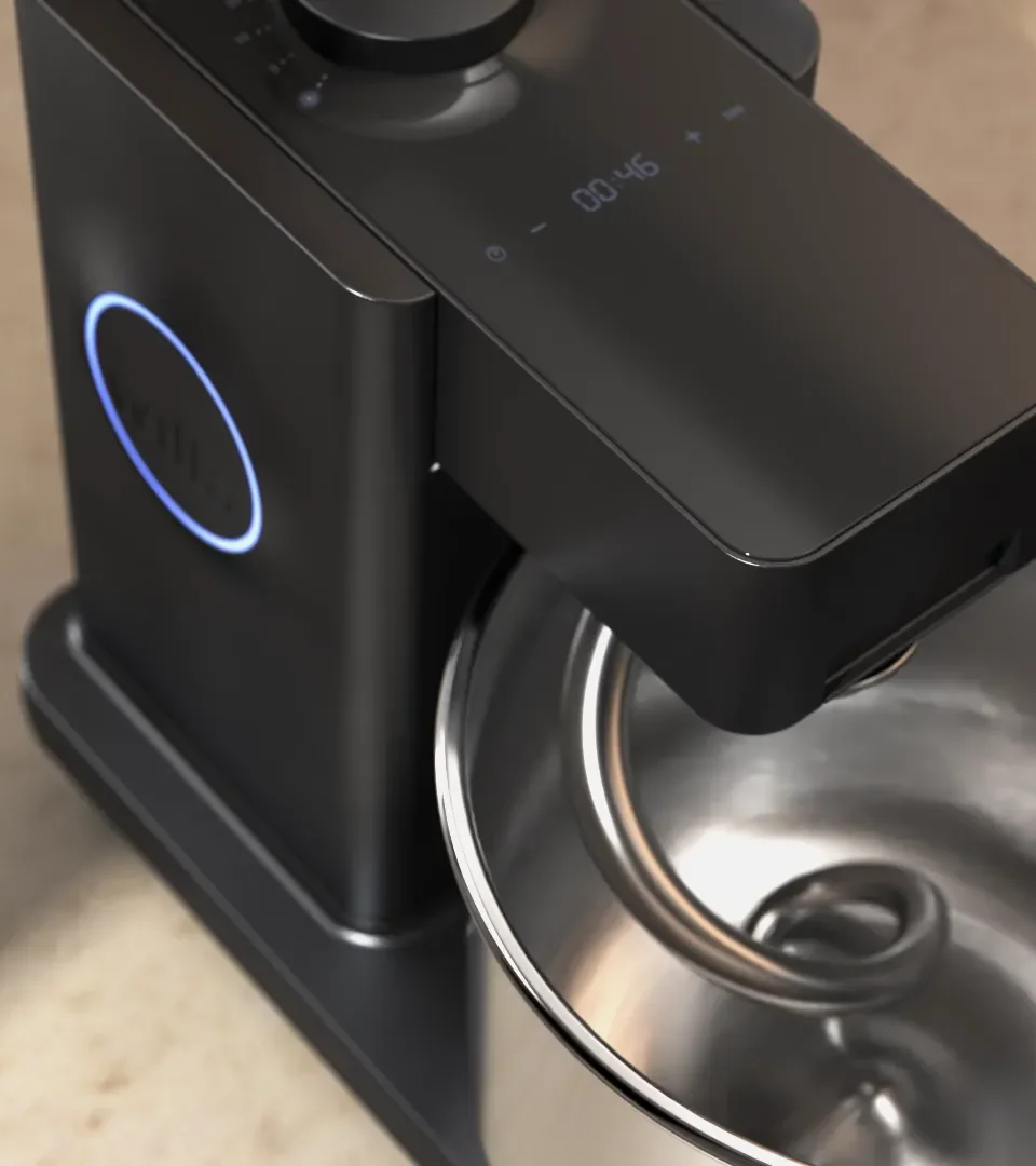 Close-up of a dark grey stand mixer with a stainless steel bowl and dough hook, a blue light ring, and digital timer displaying 00:46.