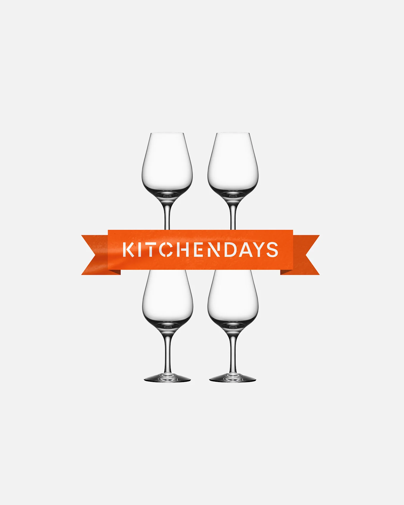 Four empty wine glasses arranged in a square, with an orange banner across the middle saying "KITCHENDAYS".
