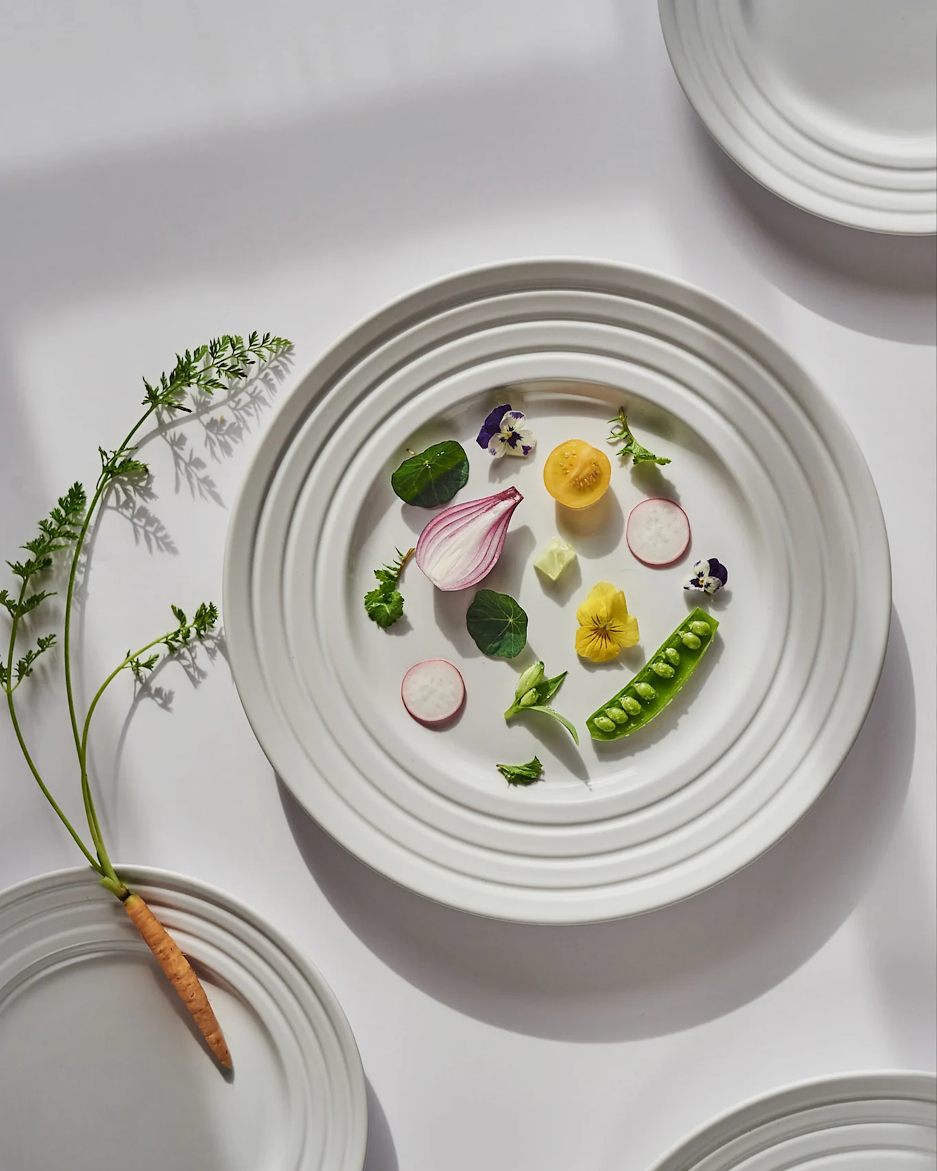 White plate with fresh vegetables: red onion, tomato, radishes, peas, and edible flowers. A carrot with greens is nearby.