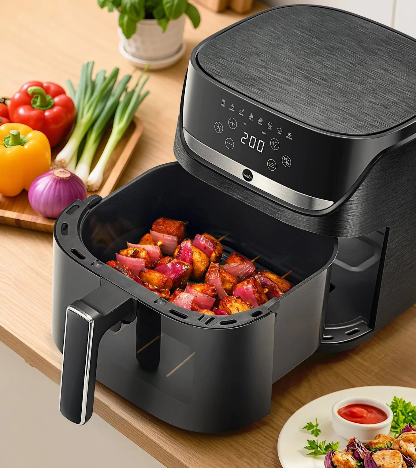 Black air fryer with chicken and red onion skewers, surrounded by fresh vegetables on a wooden counter.