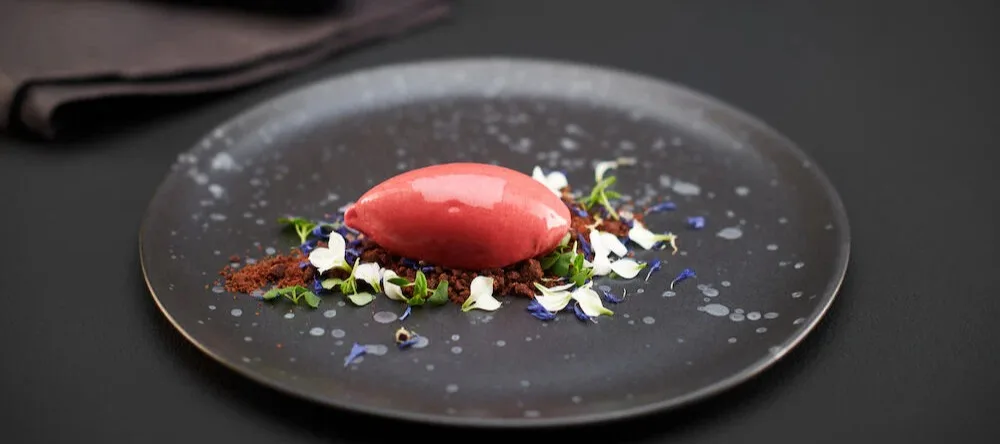 Red sorbet scoop on chocolate crumbles with white and blue edible flowers, presented on a dark, speckled plate.