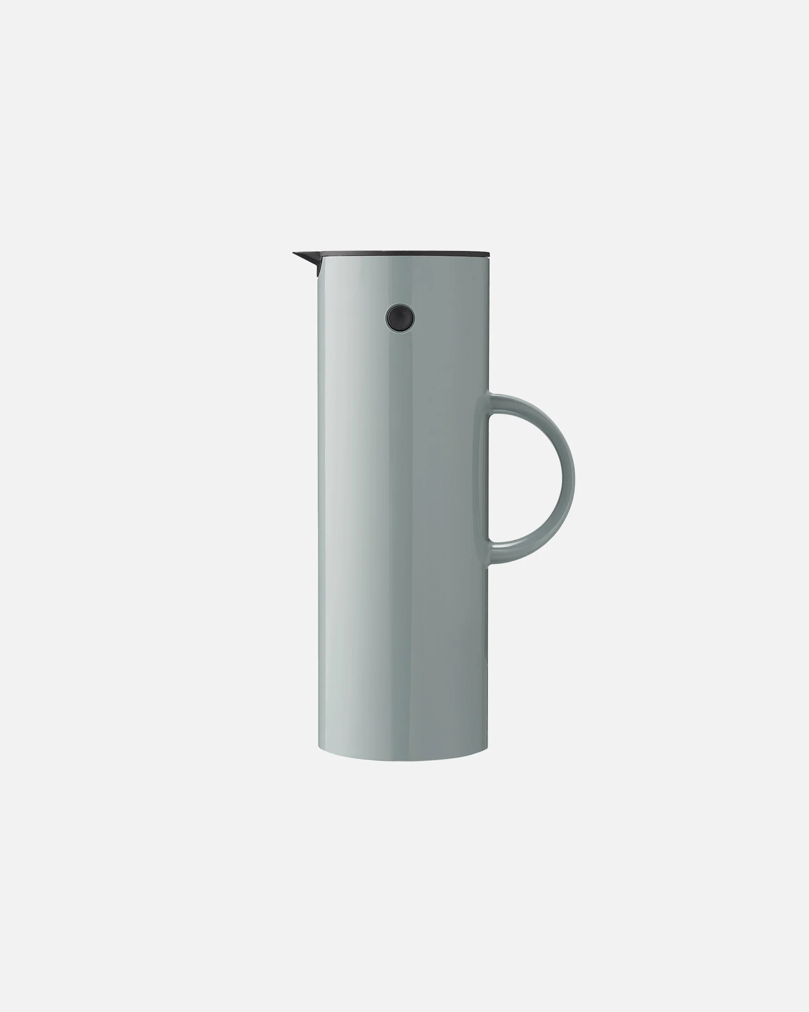 Light green cylindrical thermos with a black lid, a D-shaped handle, and a black button.