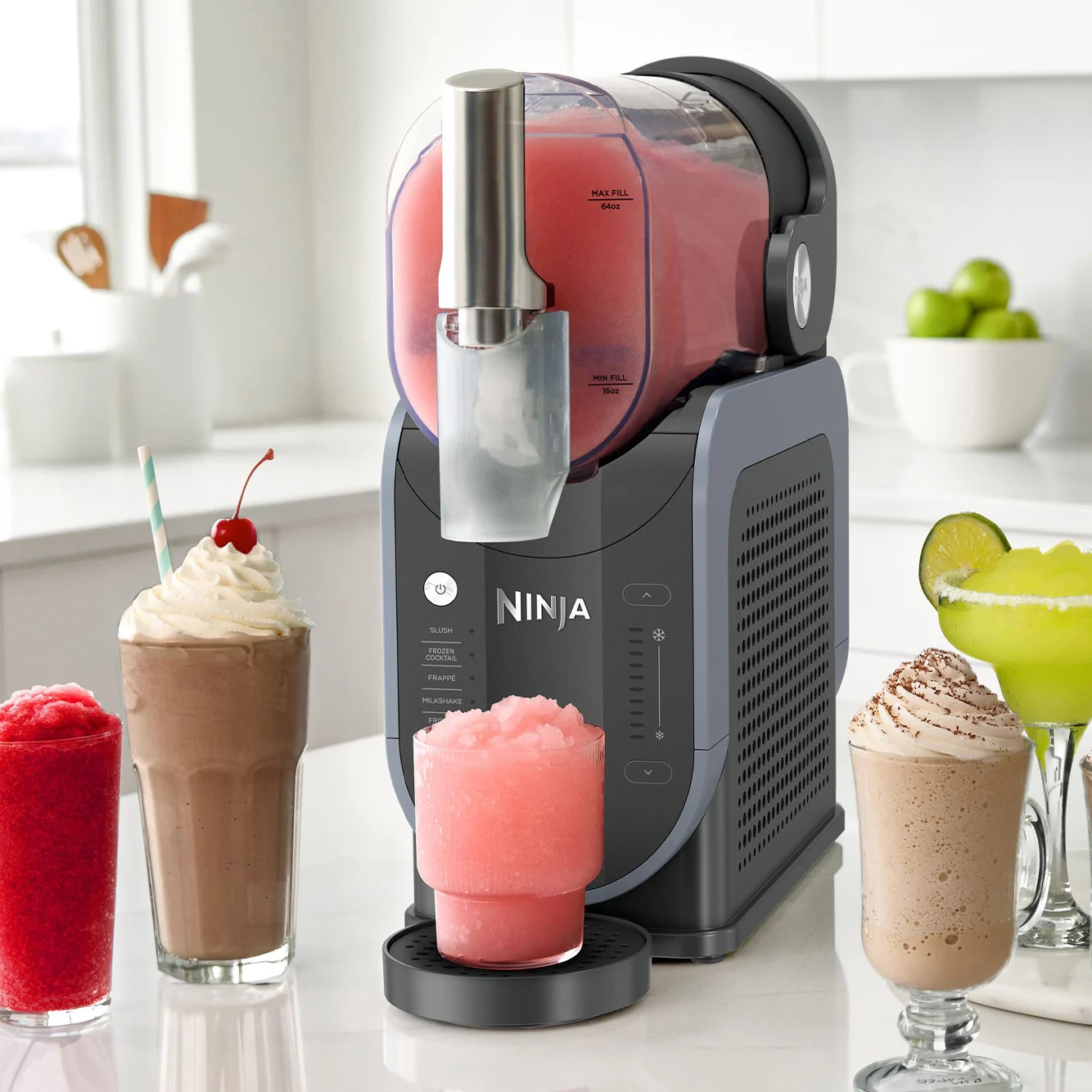 A slushie machine dispensing pink slushie, surrounded by various cold drinks including milkshakes, slushies, and a margarita.