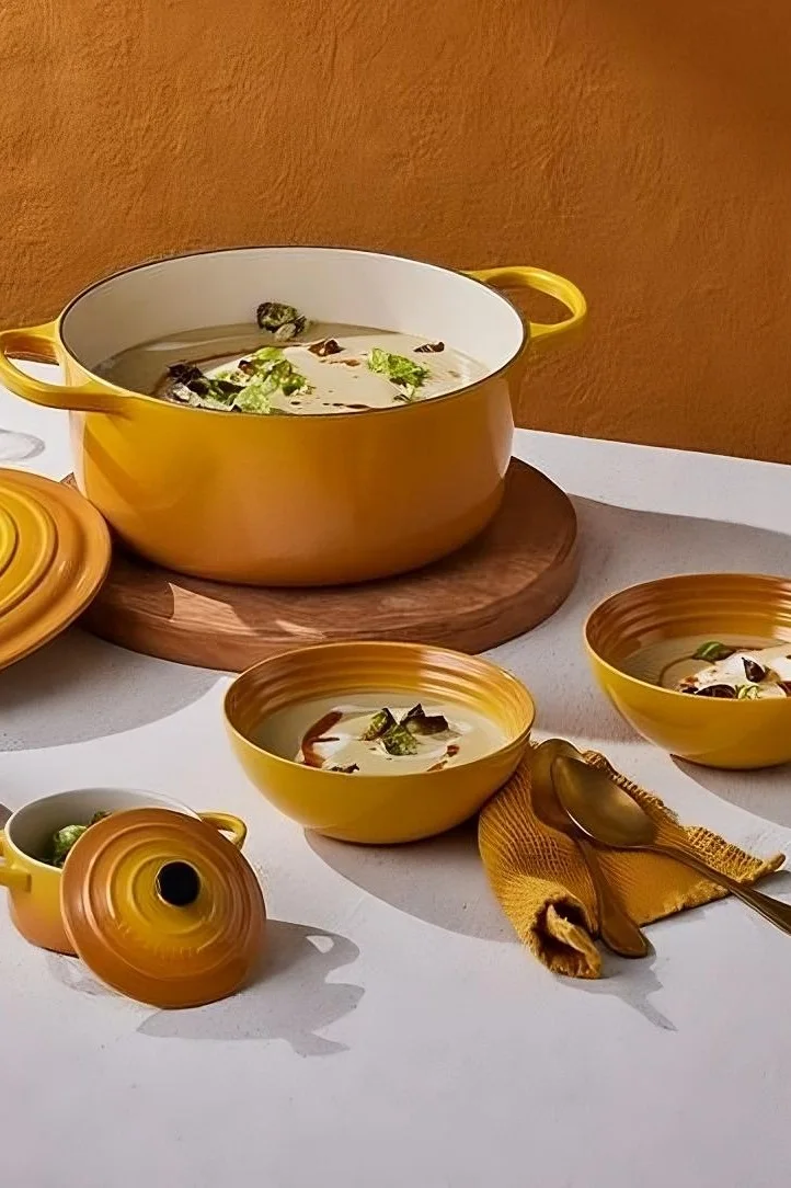 A warming soup is just the thing for a vegan holiday. For example, cook a vegan Brussels sprout soup in a nectar-coloured pot from Le Creuset.